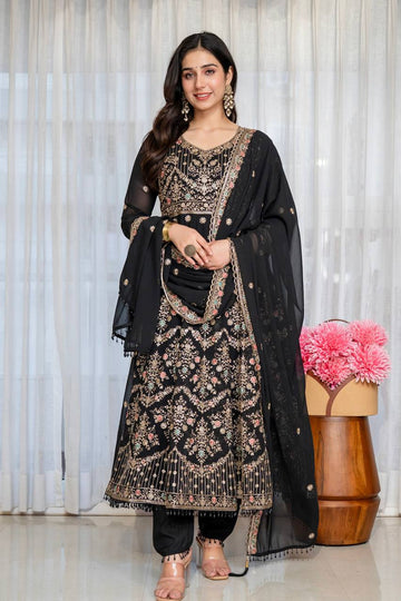 Noir Elegance Designer Anarkali Suit Set for Women with Moti Lace Dupatta
