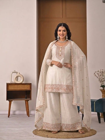 Ivory Heavy Crunchy Silk Embroidered Kurta Palazzo Set with Dupatta | Designer Wedding & Festive Wear