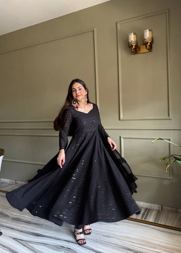 Black Luxe Lucknowi Sequence Anarkali Gown for Women with Dupatta