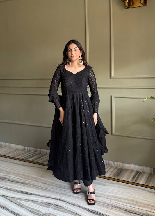 Black Luxe Lucknowi Sequence Anarkali Gown for Women with Dupatta