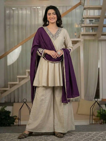 Designer Party Wear Beige Heavy Roman Silk Embroidered Kurta Sharara Set with Chinnon Silk Dupatta