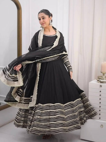 Black Embroidered Anarkali Suit Set for Women with Sequin Dupatta
