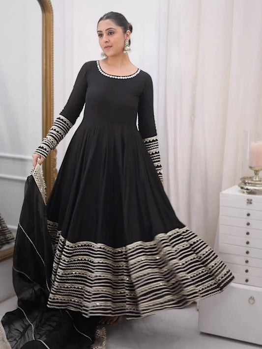 Black Embroidered Anarkali Suit Set for Women with Sequin Dupatta