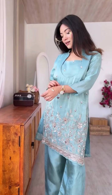 Glass Roman Embroidered Kurta Pant Party Wear Set