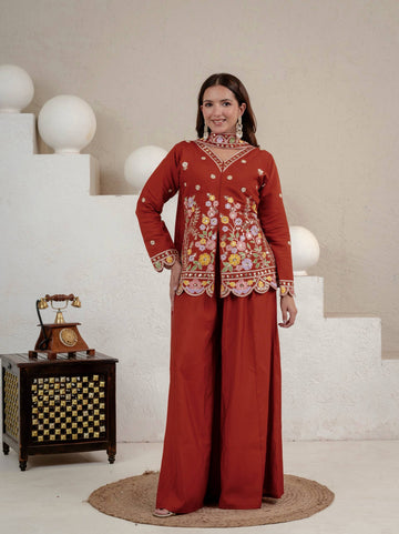 Rust Roman Silk Sharara Suit Set with Dupatta | Party Wear for Women