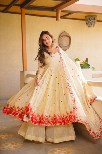 Ivory Red Floral Anarkali Suit Set for Women with Sharara & Dupatta