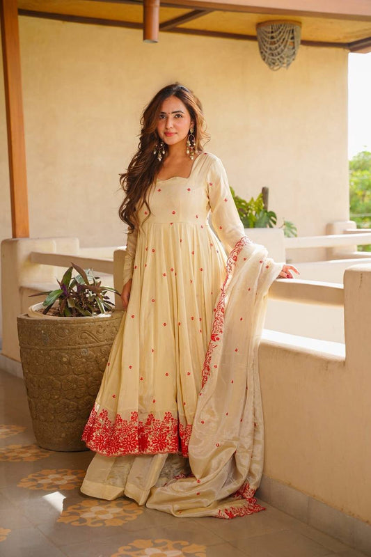 Ivory Red Floral Anarkali Suit Set for Women with Sharara & Dupatta
