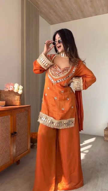 Royal Orange Mirror Work Sharara Set For Women