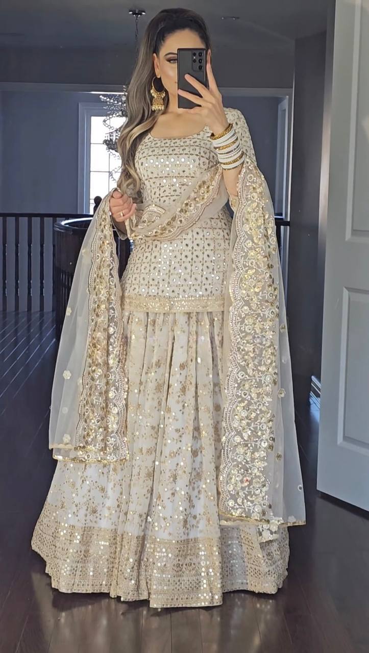 White Colour Designer Party Wear Look Top Sharara and Dupatta With Heavy Embroidery Work Set