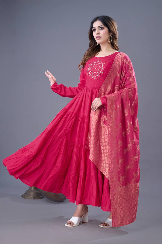 Magical Pink Color Roman Silk With Embroidery Sequence Work Anarkali Gown