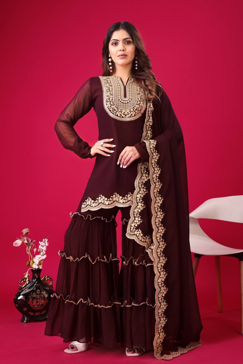 Coffee Color Top Palazzo Suit And Dupatta In Georgette With Embroidery Sequence Work