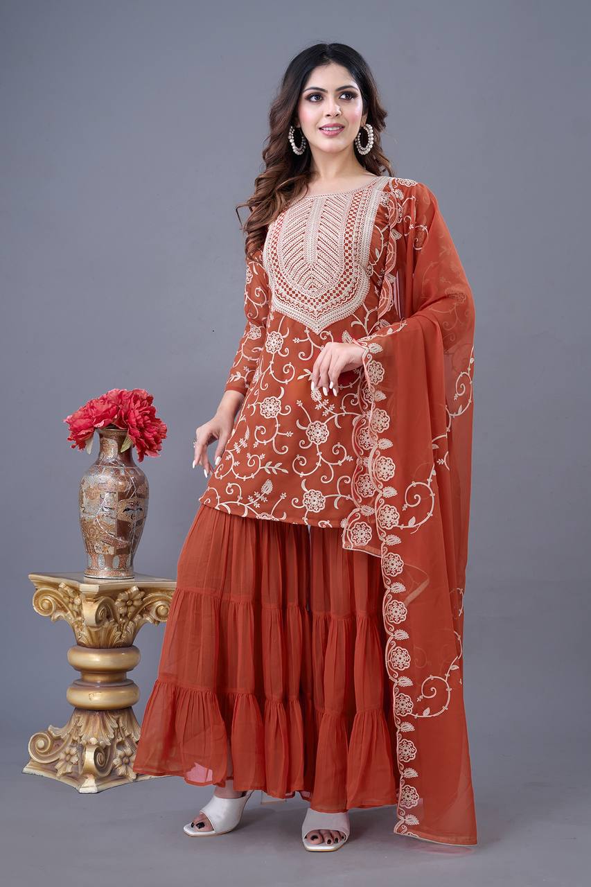 Brown Kurta Sharara in Georgette With Embroidery and Dupatta Big Flair Sharara