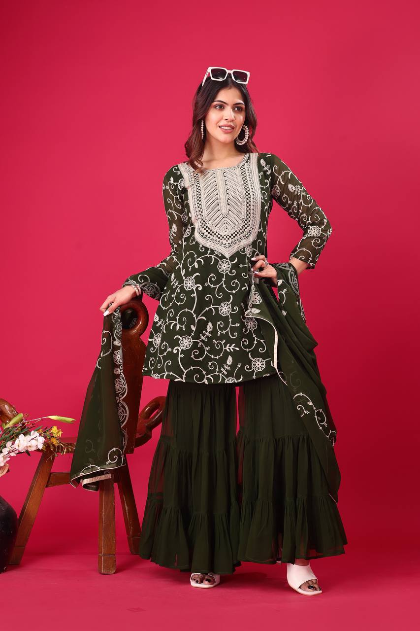Mehendi Georgette Sharara Suit with Embroidery Heavy Dupatta