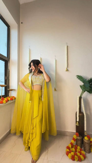 Yellow Colour Indowestern Dhoti Suit With Shrug