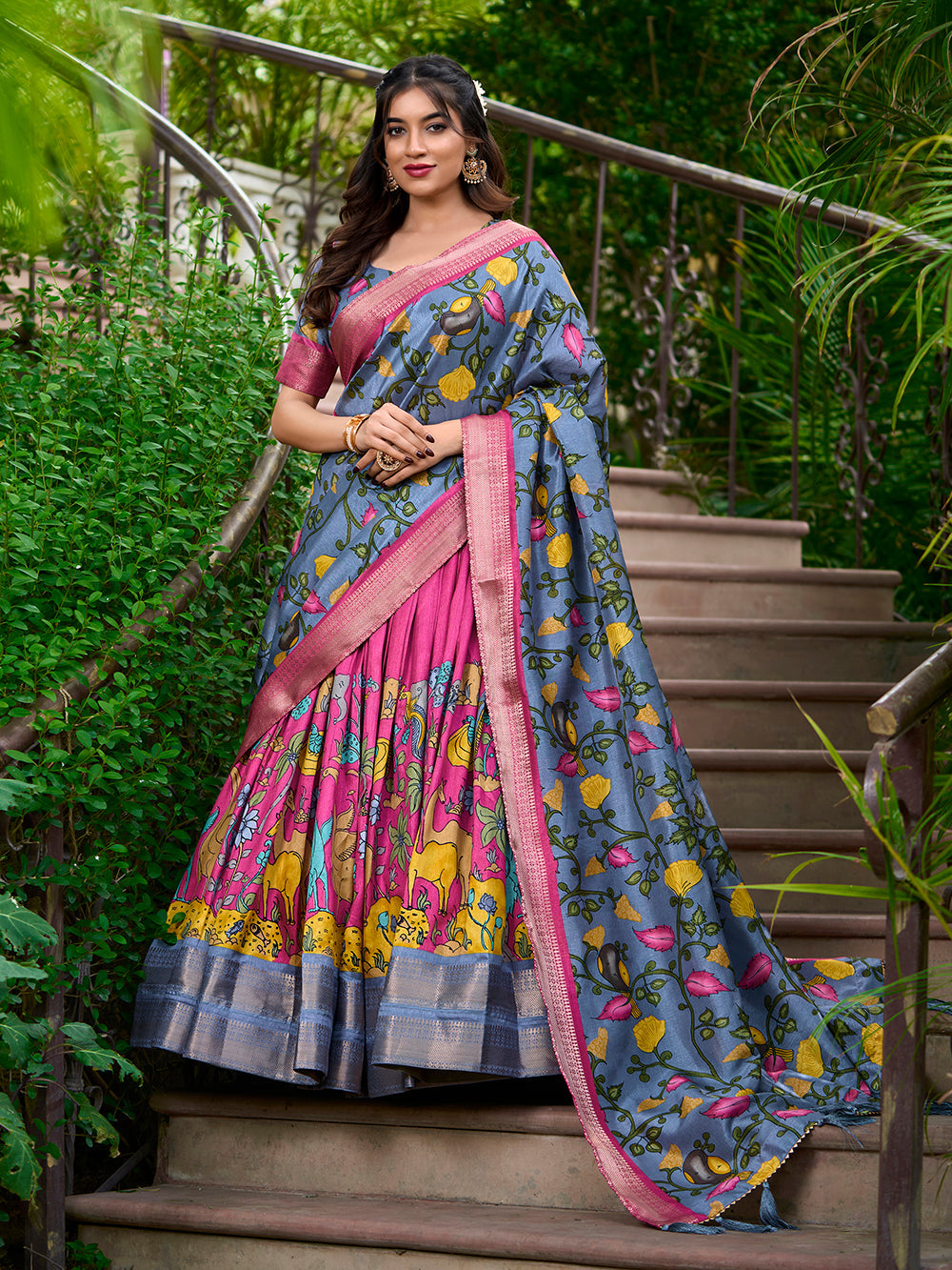 Pink Color Kalamkari Print With Zari Weaving Dola Silk South Indian Lehenga Choli