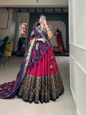 Pink Color Print With Foil Work Tussar Silk Lehenga Choli