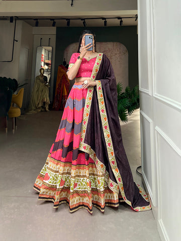 Pink Color Printed With Sequins Lace Border Vaishali silk Lehenga Choli