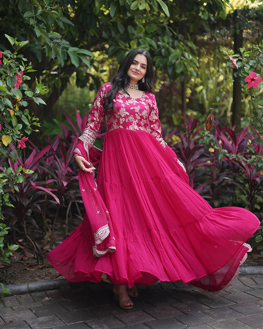 Pink Color Anarkali Gown With Faux Blooming Dupatta