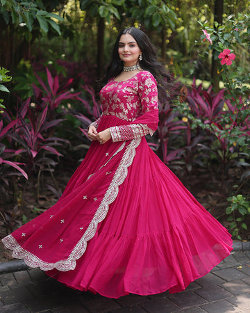 Pink Color Anarkali Gown With Faux Blooming Dupatta