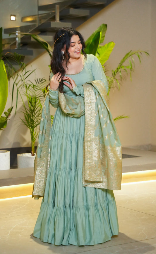 Pista Color Pure Roman Silk Ruffle Style Anarkali Gown