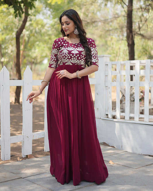 Plum Color Faux Blooming Embroidered Anarkali Gown