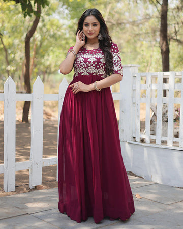 Plum Color Faux Blooming Embroidered Anarkali Gown