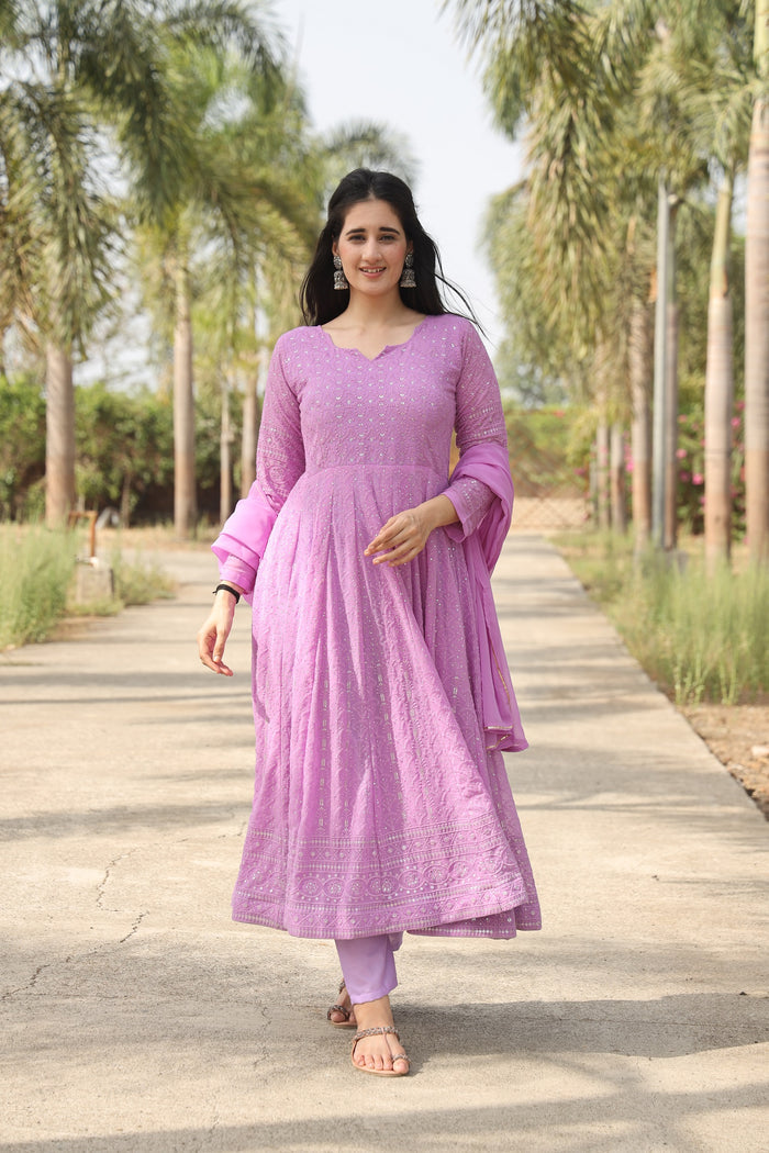 Purple Georgette Embroidered Anarkali Suit With Dupatta