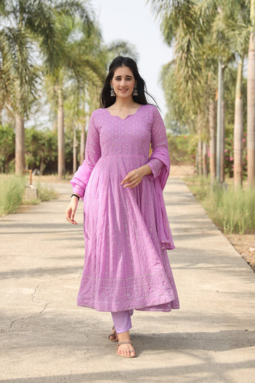 Purple Georgette Embroidered Anarkali Suit With Dupatta