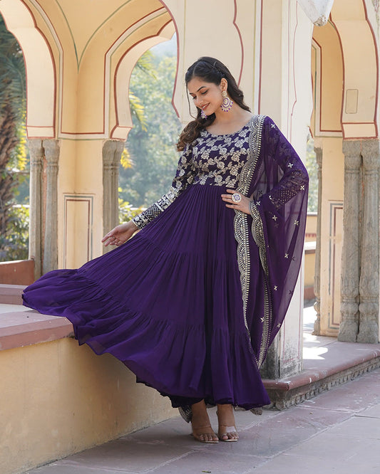 Purple Color Indian Anarkali Gown With Faux Blooming Dupatta