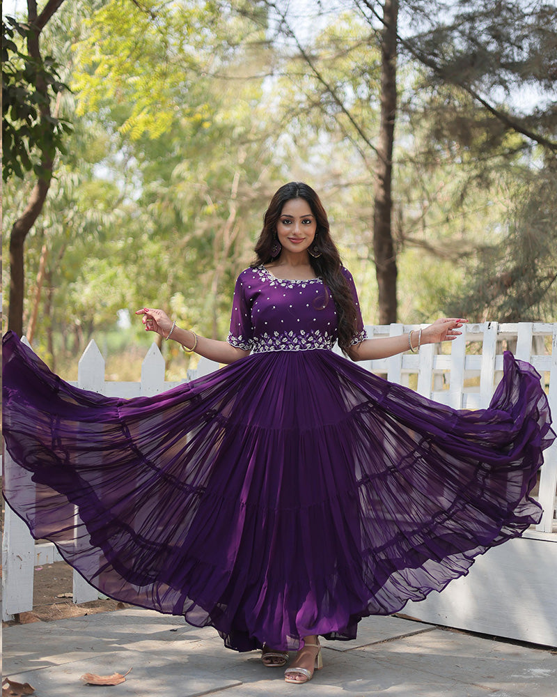 Purple Color Faux Blooming Embroidered Anarkali Gown