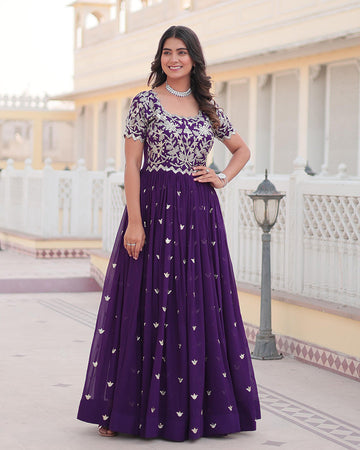 Faux Blooming Sequins Embroidered Purple Gown