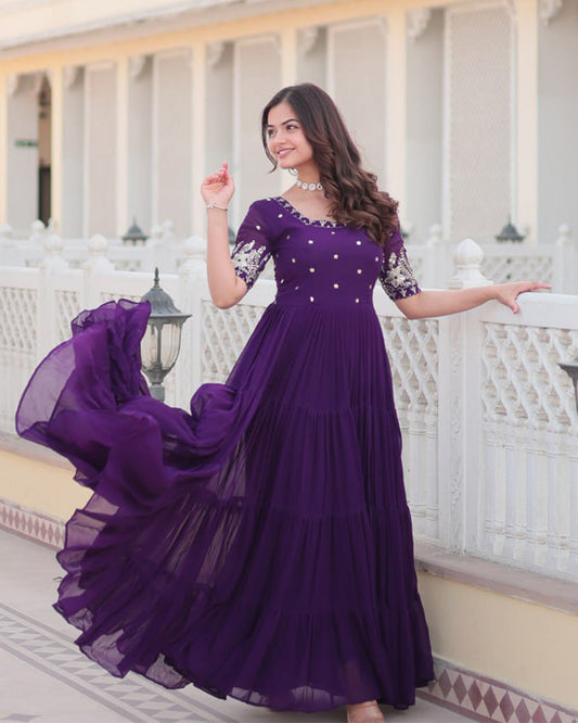 Four Layer Faux Blooming Sequence Embroidery Work Purple Gown