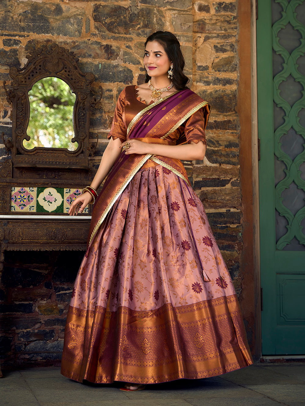 Purple Color Zari Weaving Work Jacquard Silk Lehenga Choli