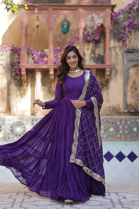 Purple Color Star Georgette Gown With Embroidered Dupatta