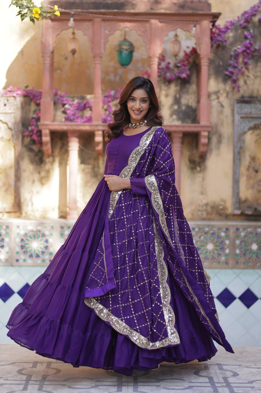 Purple Color Star Georgette Gown With Embroidered Dupatta
