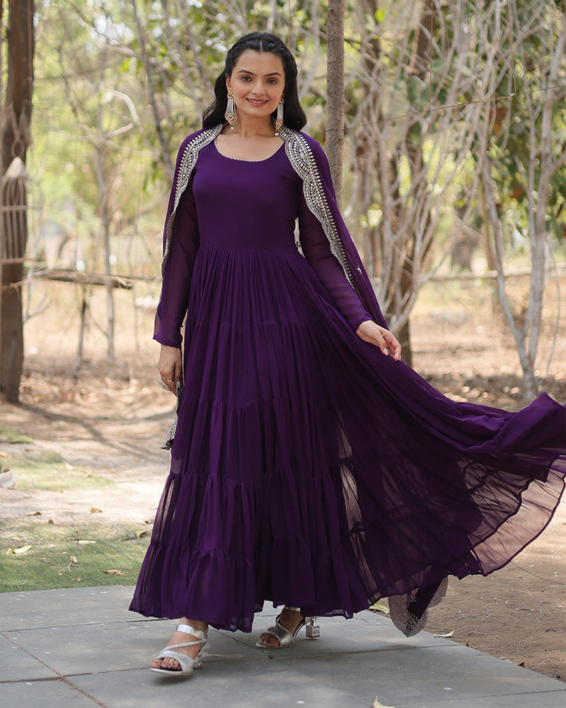 Purple Color Designer Gown With Embroidered Dupatta