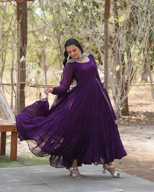 Purple Color Designer Gown With Embroidered Dupatta