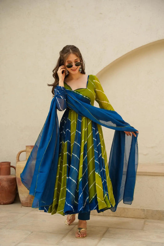 Blue & Green Leheriya Anarkali Suit set