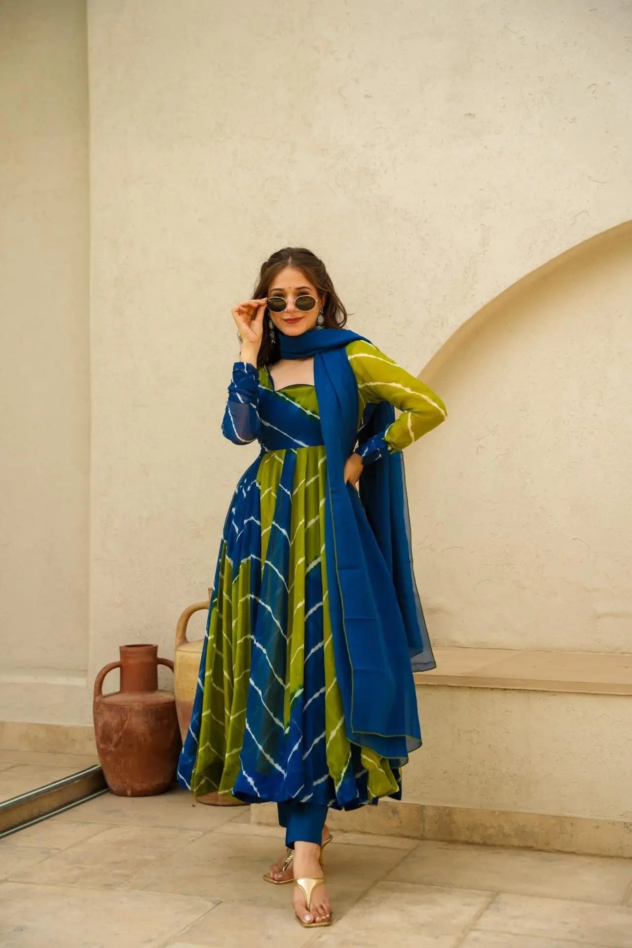 Blue & Green Leheriya Anarkali Suit set