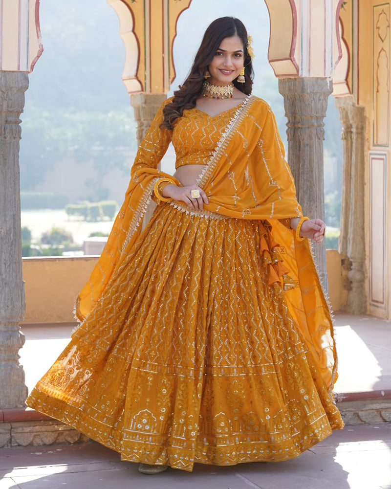 Georgette Heavy Embroidery Threaded Semi Stitched Yellow Lehenga Choli