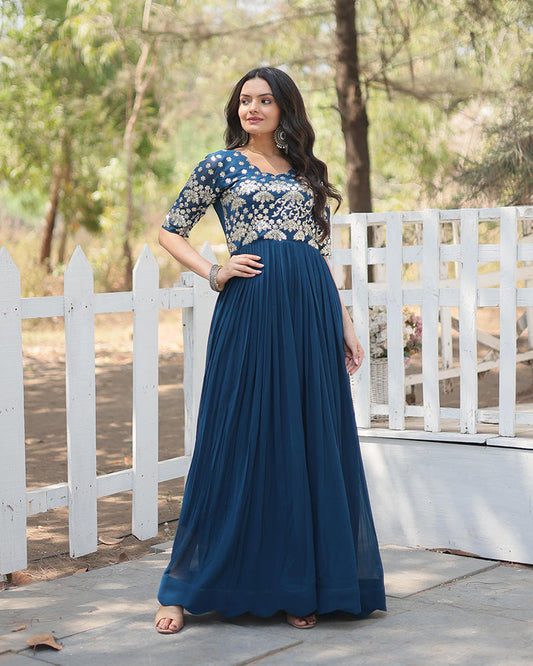 Rama Color Faux Blooming Embroidered Anarkali Gown