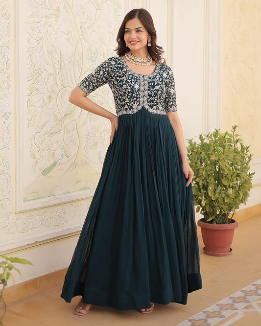 Rama Color Faux Blooming Zari Sequence Embroidered Ethnic Gown