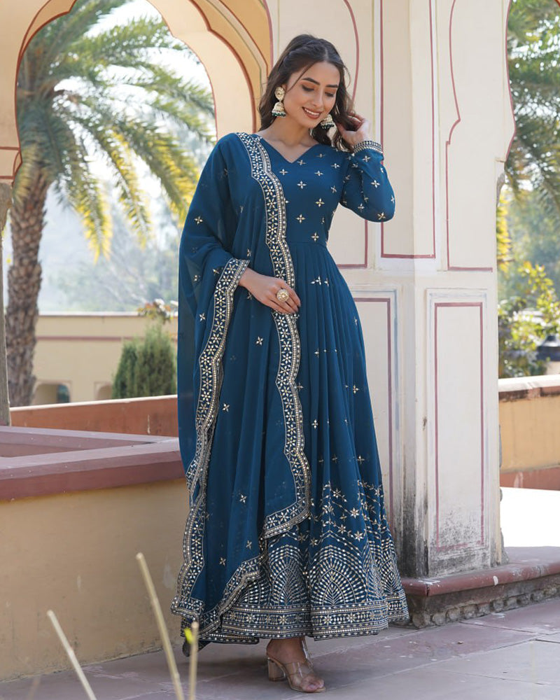 Full Flair Rama Color Anarkali Gown With Embroidered Dupatta