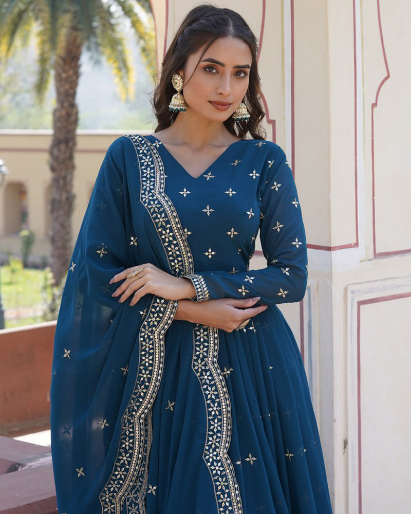 Full Flair Rama Color Anarkali Gown With Embroidered Dupatta