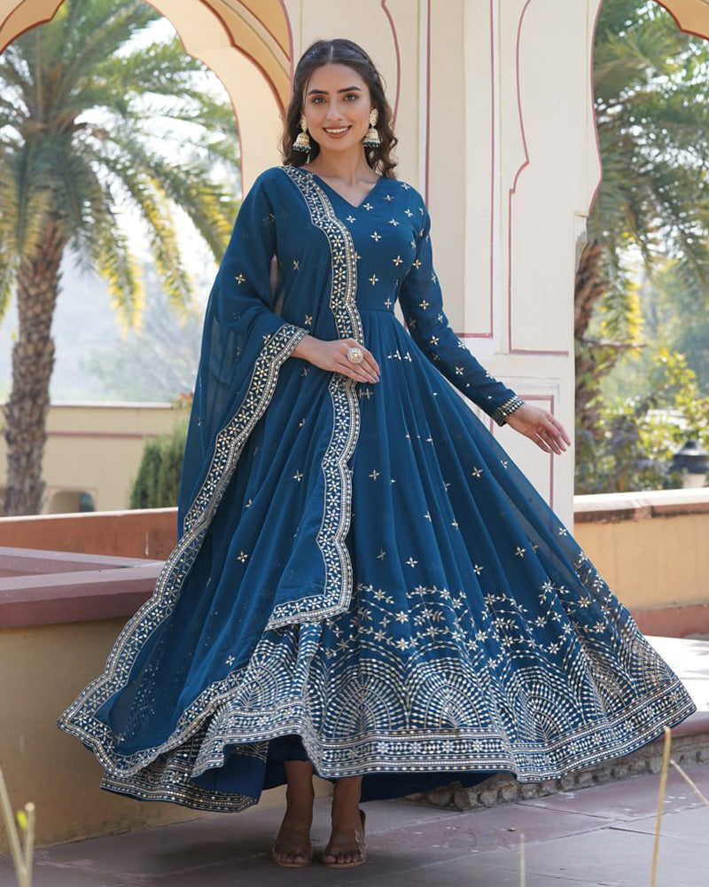 Full Flair Rama Color Anarkali Gown With Embroidered Dupatta