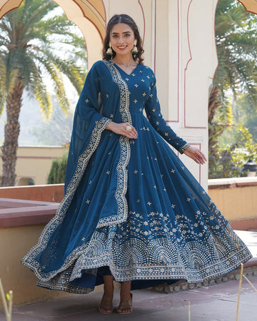 Full Flair Rama Color Anarkali Gown With Embroidered Dupatta