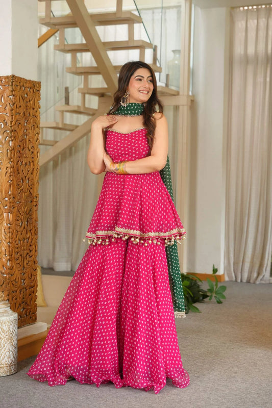 Rani Pink Bandhani Print Sharara Suit Set with Green Dupatta