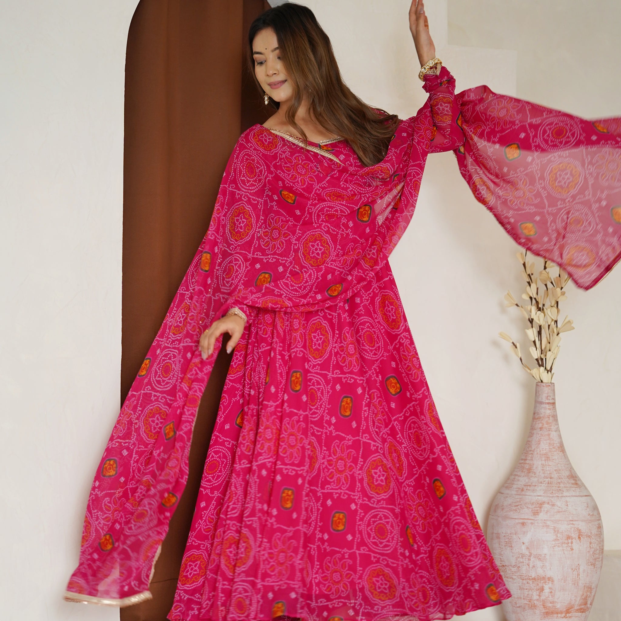 Rani Pink Color Bandhej Print Soft Chiffon Anarkali Gown