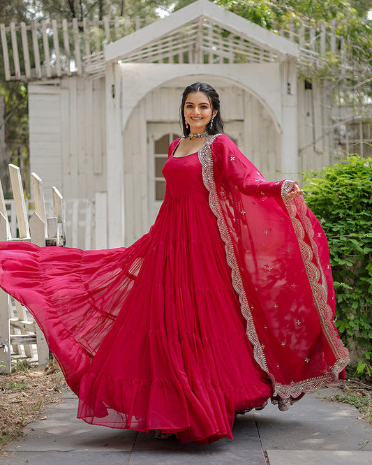 Rani Pink Color Designer Embroidered Indian Gown With Dupatta