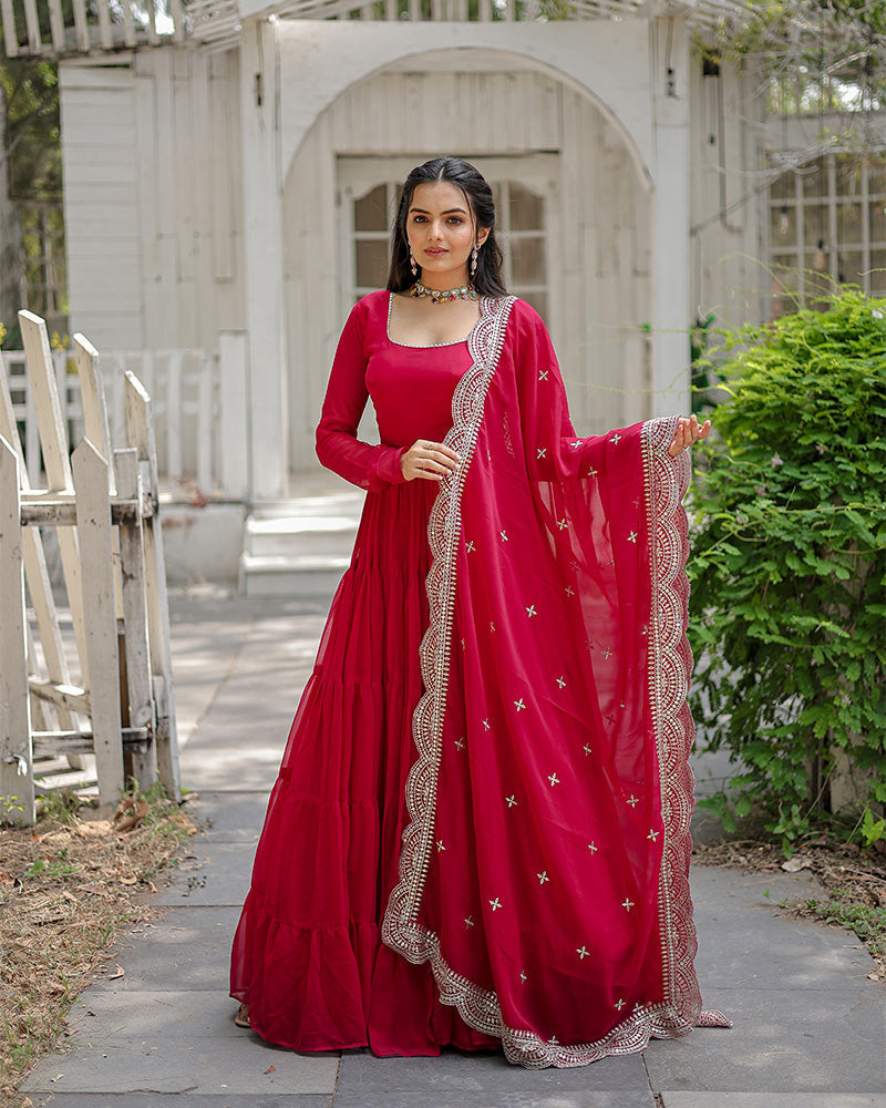 Rani Pink Color Designer Embroidered Indian Gown With Dupatta